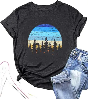Adventure T-Shirt Women Mountain Hiking Workout Shirts Sunset Sunrise Wavy Camping Outdoor Short Sleeve Tee Tops