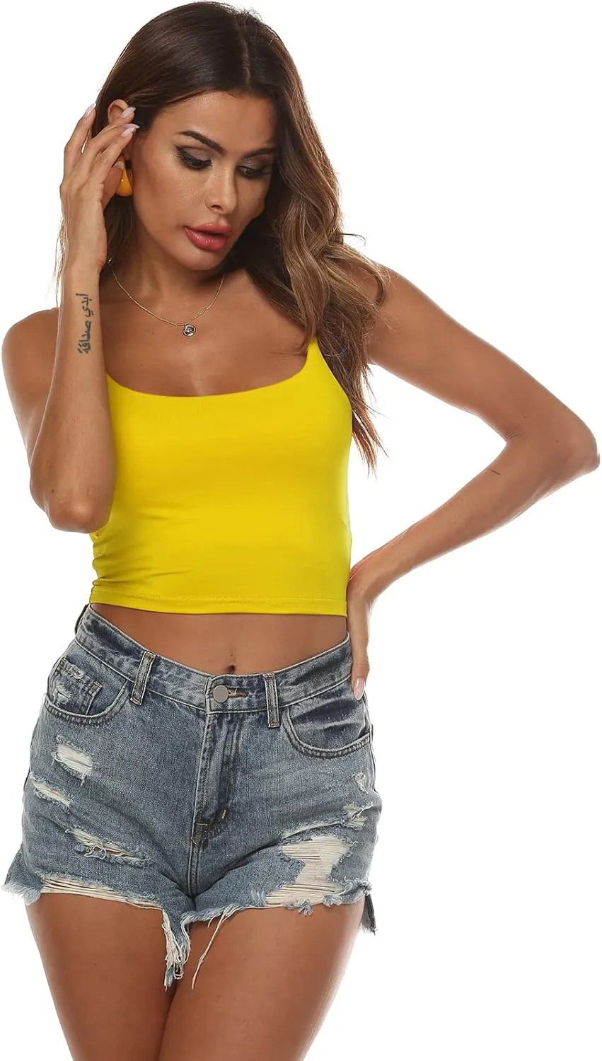 Amilia Women's Basic Solid Cami Spaghetti Double Layer Crop Tank Top