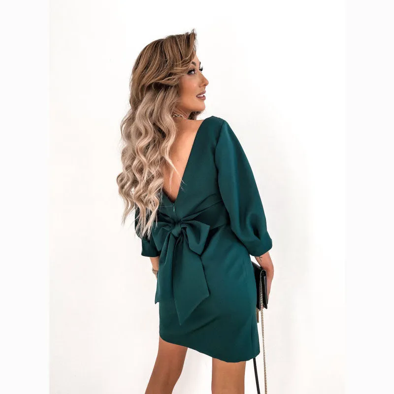 Elegant Seven-quarter Sleeve Solid Color Bowknot Mini Dress