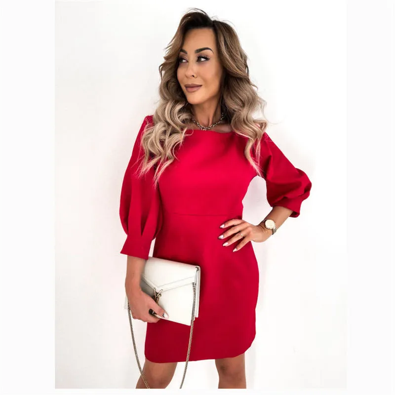 Elegant Seven-quarter Sleeve Solid Color Bowknot Mini Dress