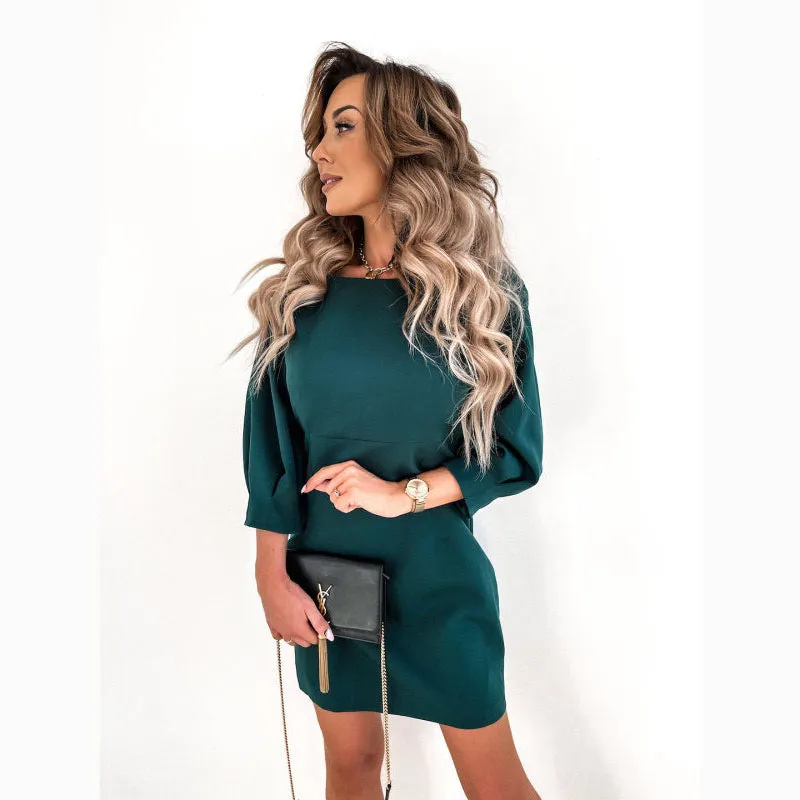 Elegant Seven-quarter Sleeve Solid Color Bowknot Mini Dress