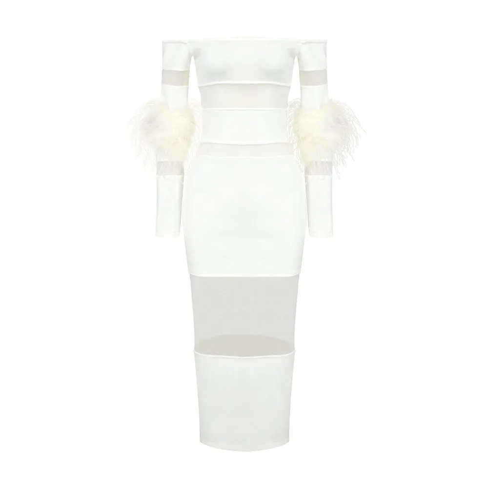 Feathered Grace Off-Shoulder Mesh Detail Long Sleeve Knit Dress