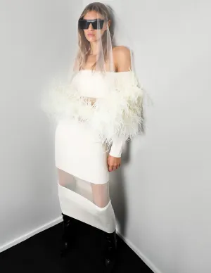 Feathered Grace Off-Shoulder Mesh Detail Long Sleeve Knit Dress