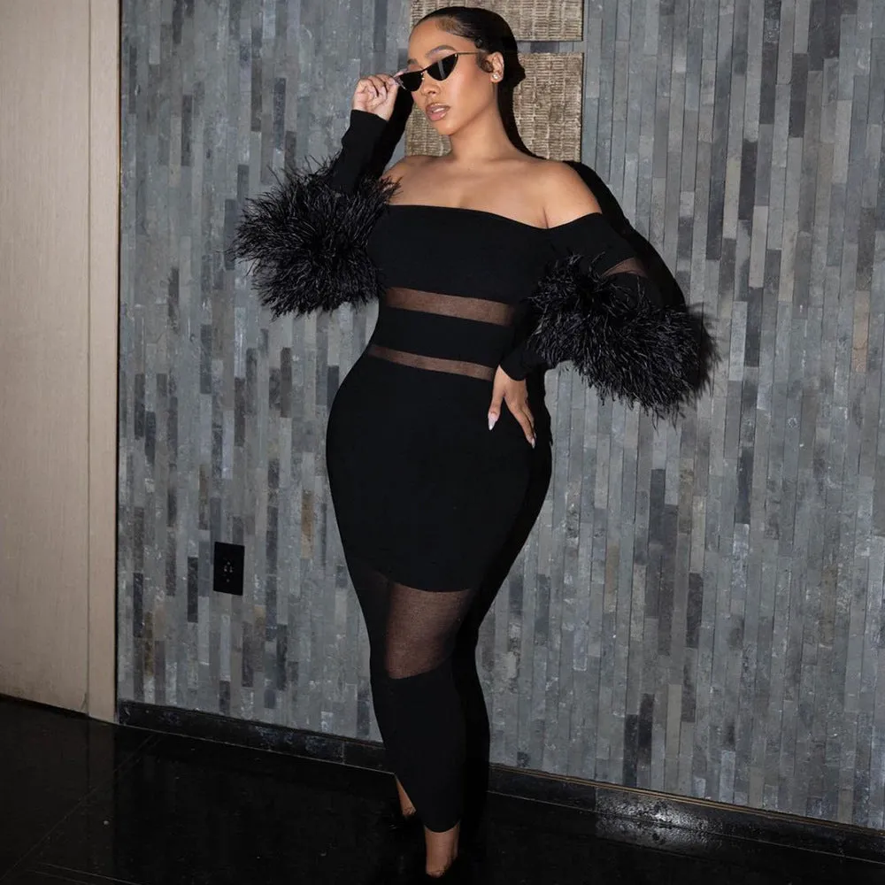 Feathered Grace Off-Shoulder Mesh Detail Long Sleeve Knit Dress