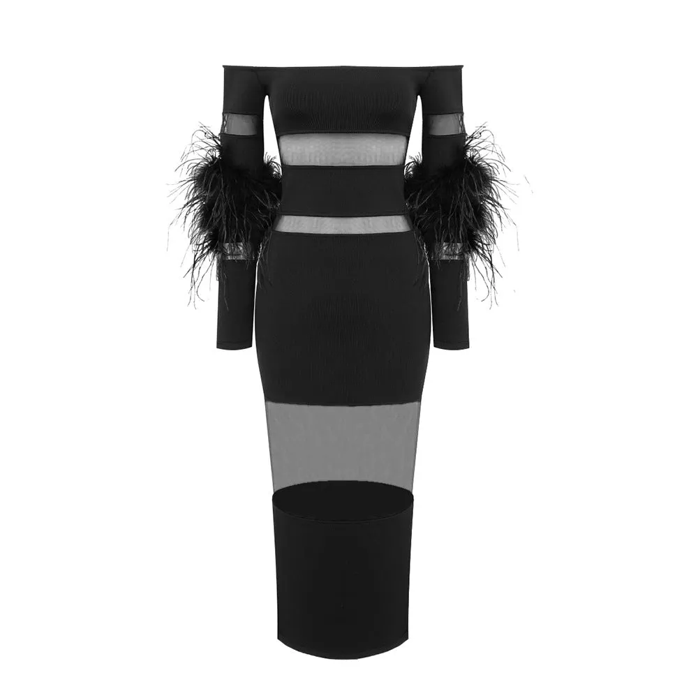 Feathered Grace Off-Shoulder Mesh Detail Long Sleeve Knit Dress