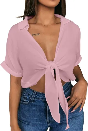 GOBLES Womens Summer Short Sleeve Shirts V Neck Tie Knot Batwing Blouses Tops