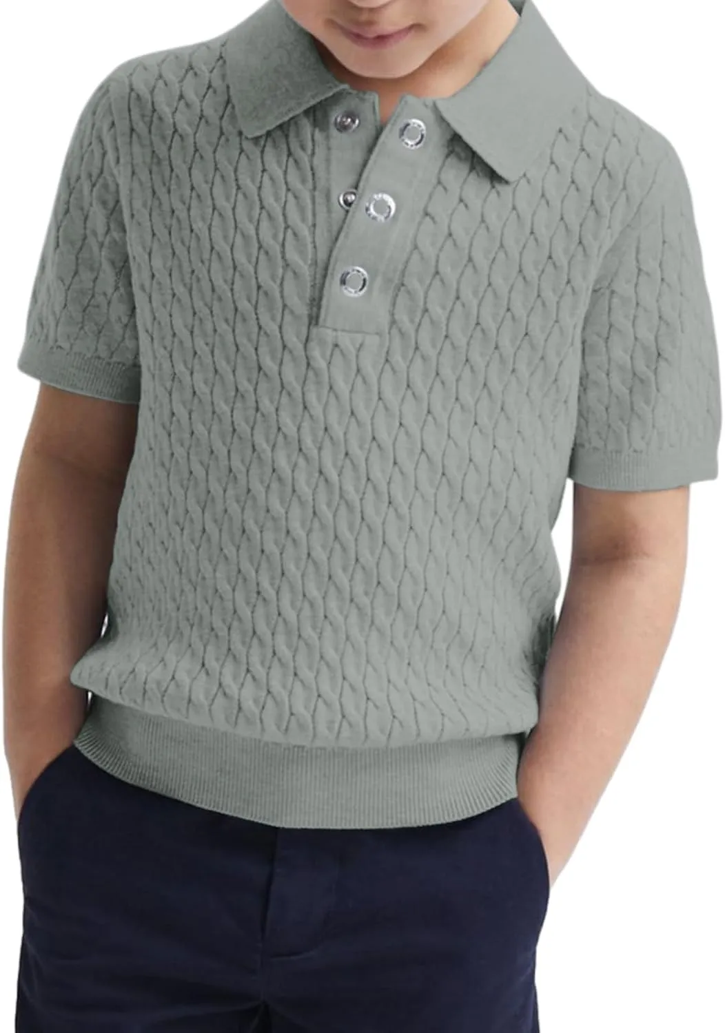Haloumoning Boys Cable Knit Polo Shirt Kids Short Sleeve Sweater Fashion Pullover Tops Clothes 5-14 Years