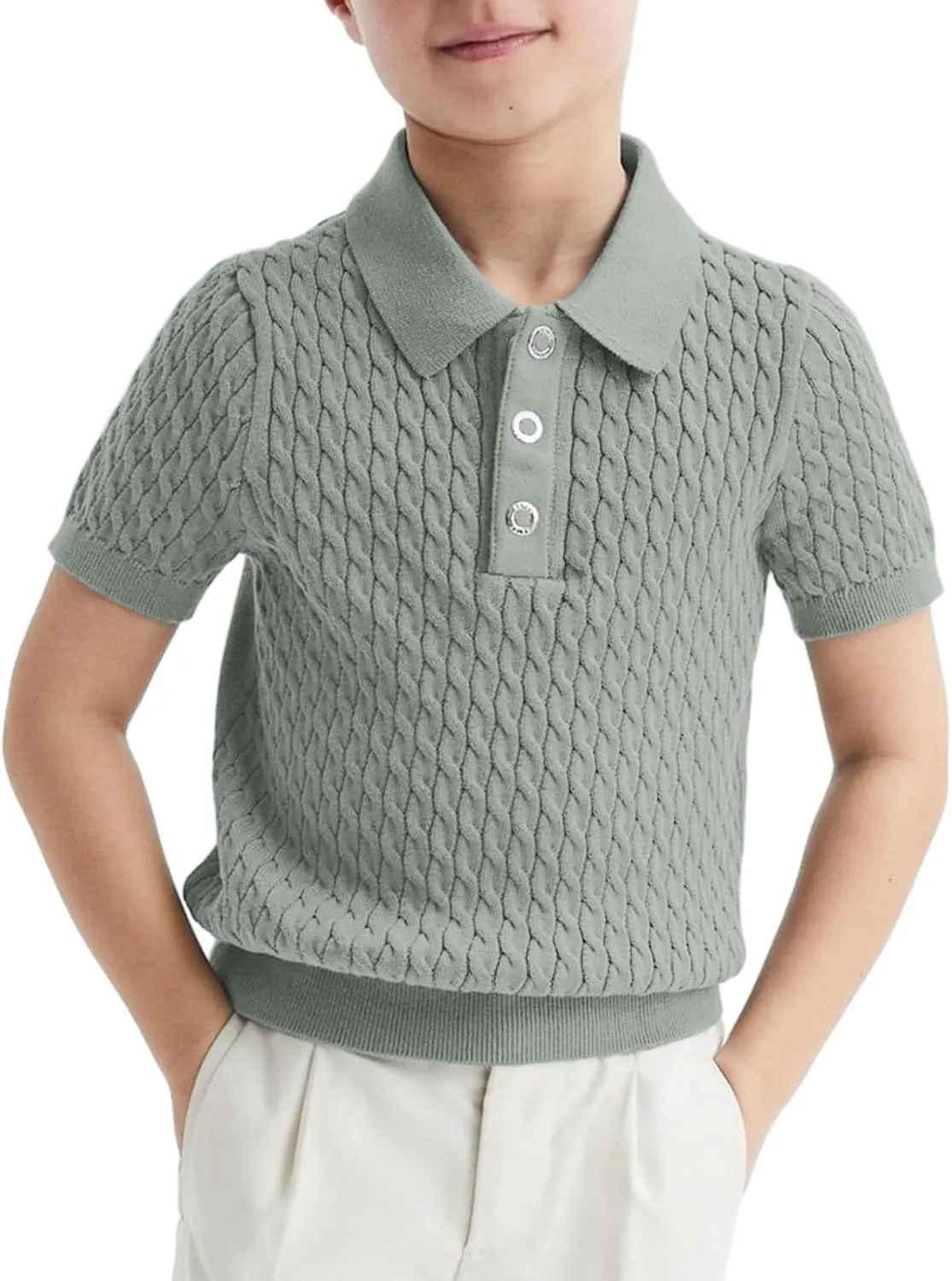 Haloumoning Boys Cable Knit Polo Shirt Kids Short Sleeve Sweater Fashion Pullover Tops Clothes 5-14 Years