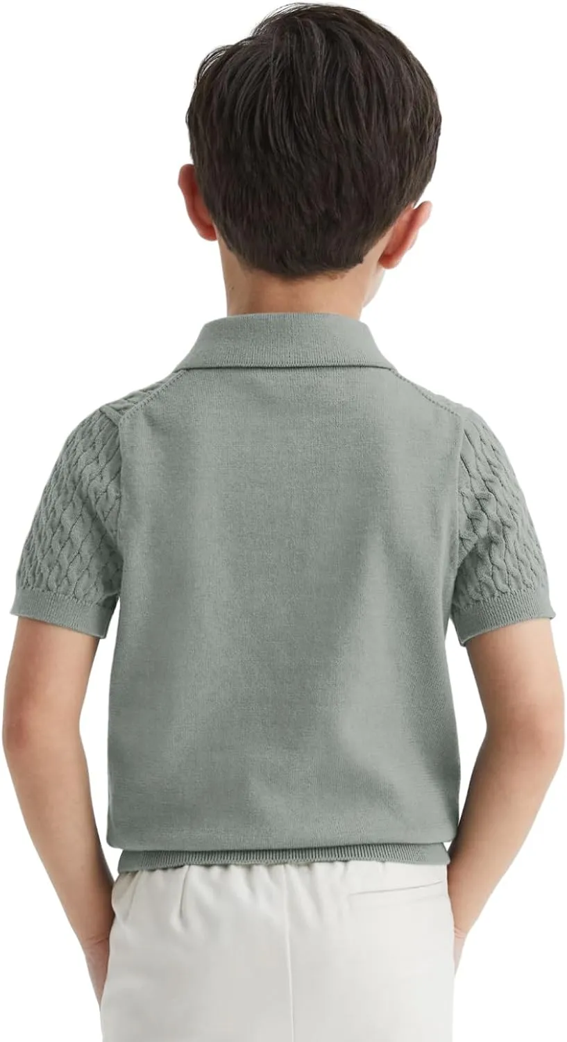Haloumoning Boys Cable Knit Polo Shirt Kids Short Sleeve Sweater Fashion Pullover Tops Clothes 5-14 Years