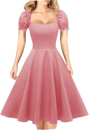 Hanpceirs Women's Puff Short Sleeve 1950s Party Dresses Square Neck Aline Dress with Pockets