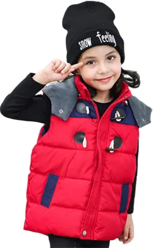Happy Cherry Kids Winter Vest Detachable Hooded Horn Button Zipper Up Puffer Padded Waistcoat