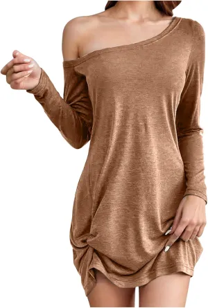 HGps8w Womens Off The Shoulder Sexy Tshirt Dress - Chic Ruched Hem Loose Long Sleeve Pullover Tunic Mini Dresses