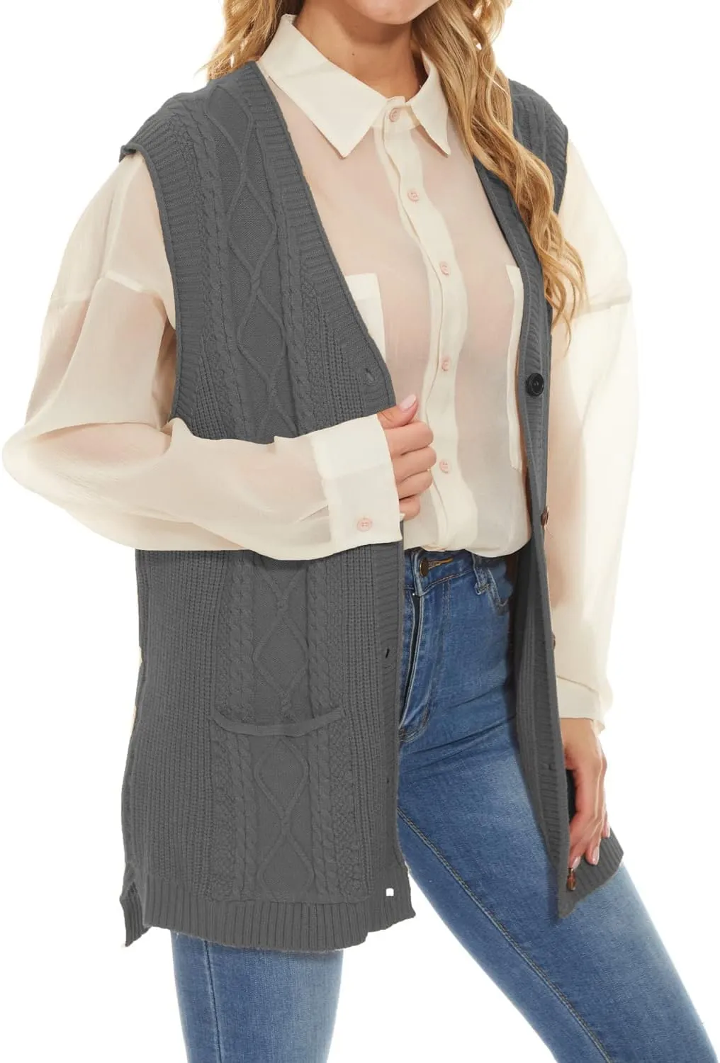 Hyipels Women's Sweater Vest,Long Cable Loose Knitted Sleeveless V Neck Casual Sweaters Tank Top S~XL