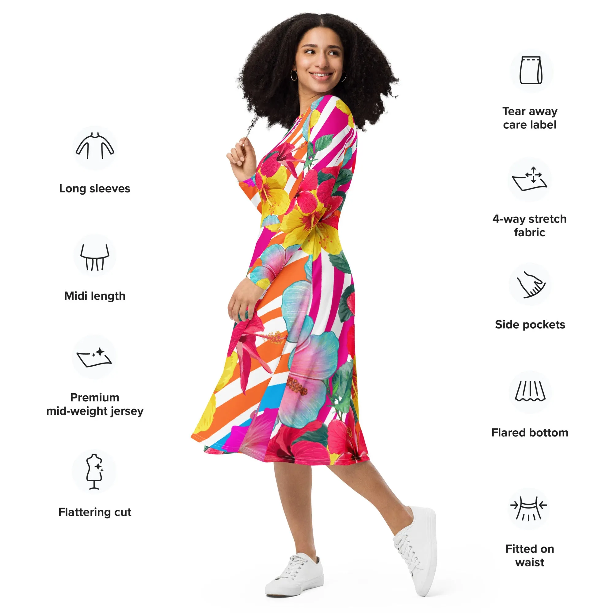 Island Flowers Long Sleeve Midi Dress