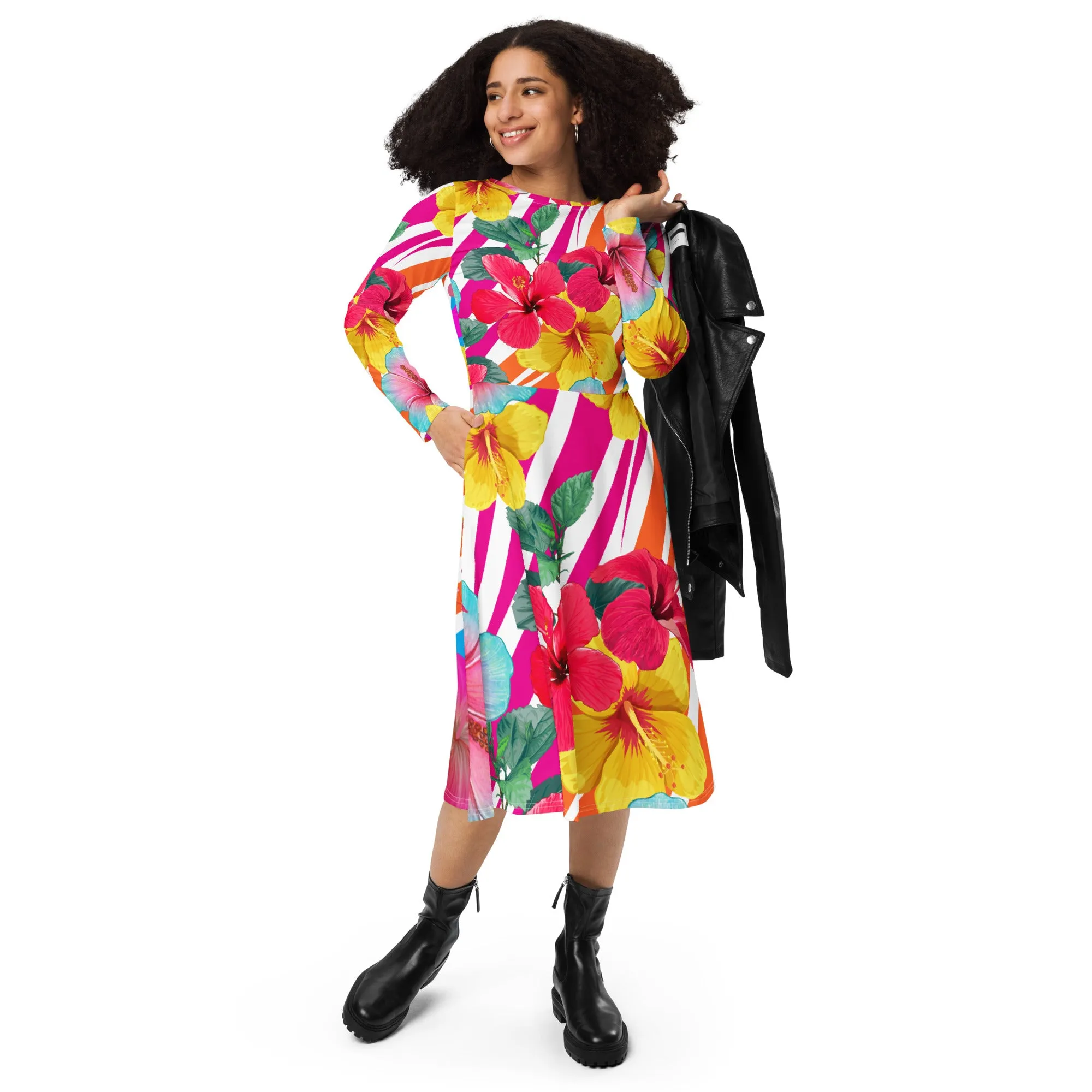 Island Flowers Long Sleeve Midi Dress