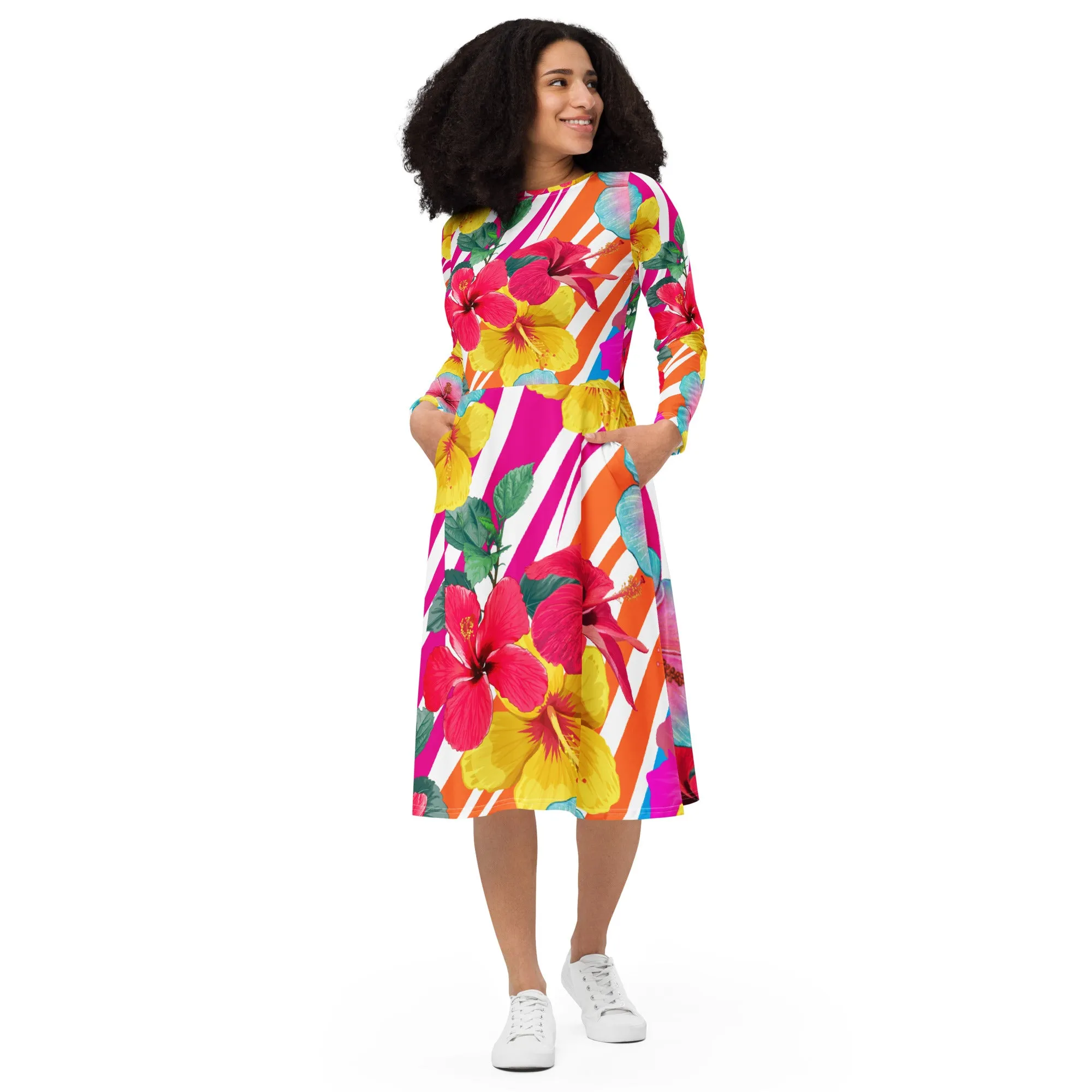 Island Flowers Long Sleeve Midi Dress