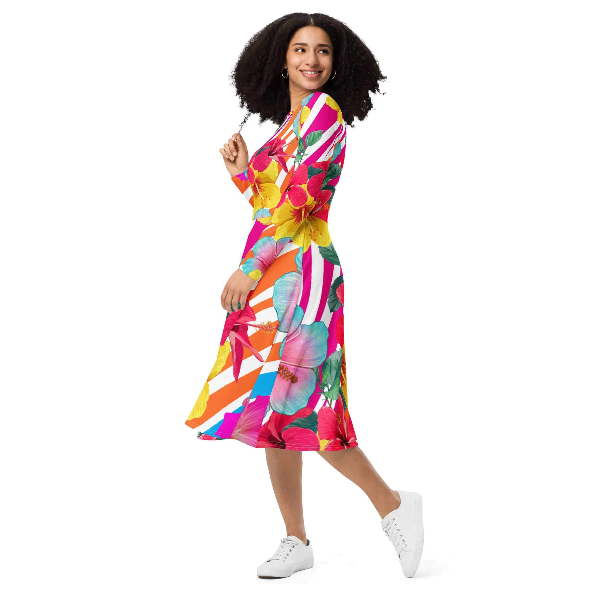 Island Flowers Long Sleeve Midi Dress