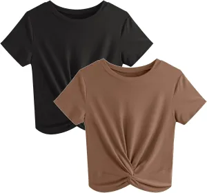 JINKESI Women's 2 Pack T-Shirts Summer Crop Tops Causal Crew Neck Short Sleeve Twist Front Tee T-Shirt