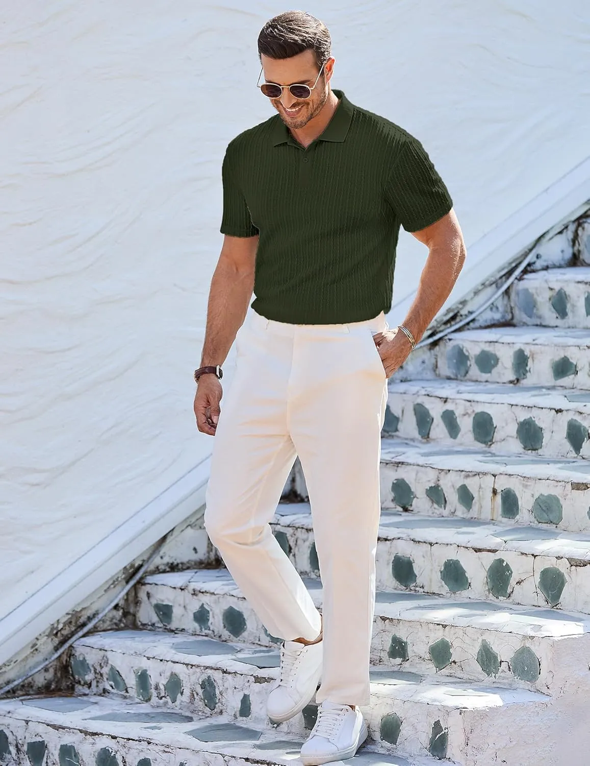 JMIERR Mens Casual Polo Shirt Summer Short Sleeve Vacation Button Beach Knit Stretchy Golf Shirts
