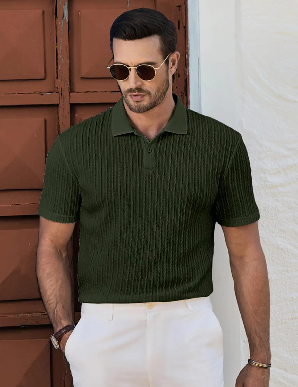 JMIERR Mens Casual Polo Shirt Summer Short Sleeve Vacation Button Beach Knit Stretchy Golf Shirts
