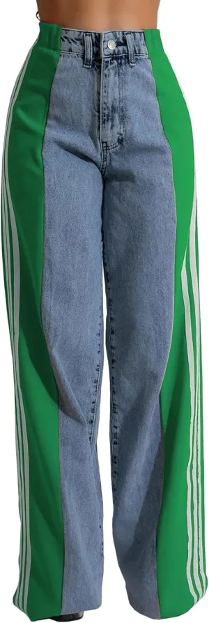 KELYWELL Women's High Waisted Two Tone Jeans Color Block Floor Length Wide Leg Denim Pants Stretch Baggy Jeans Trousers