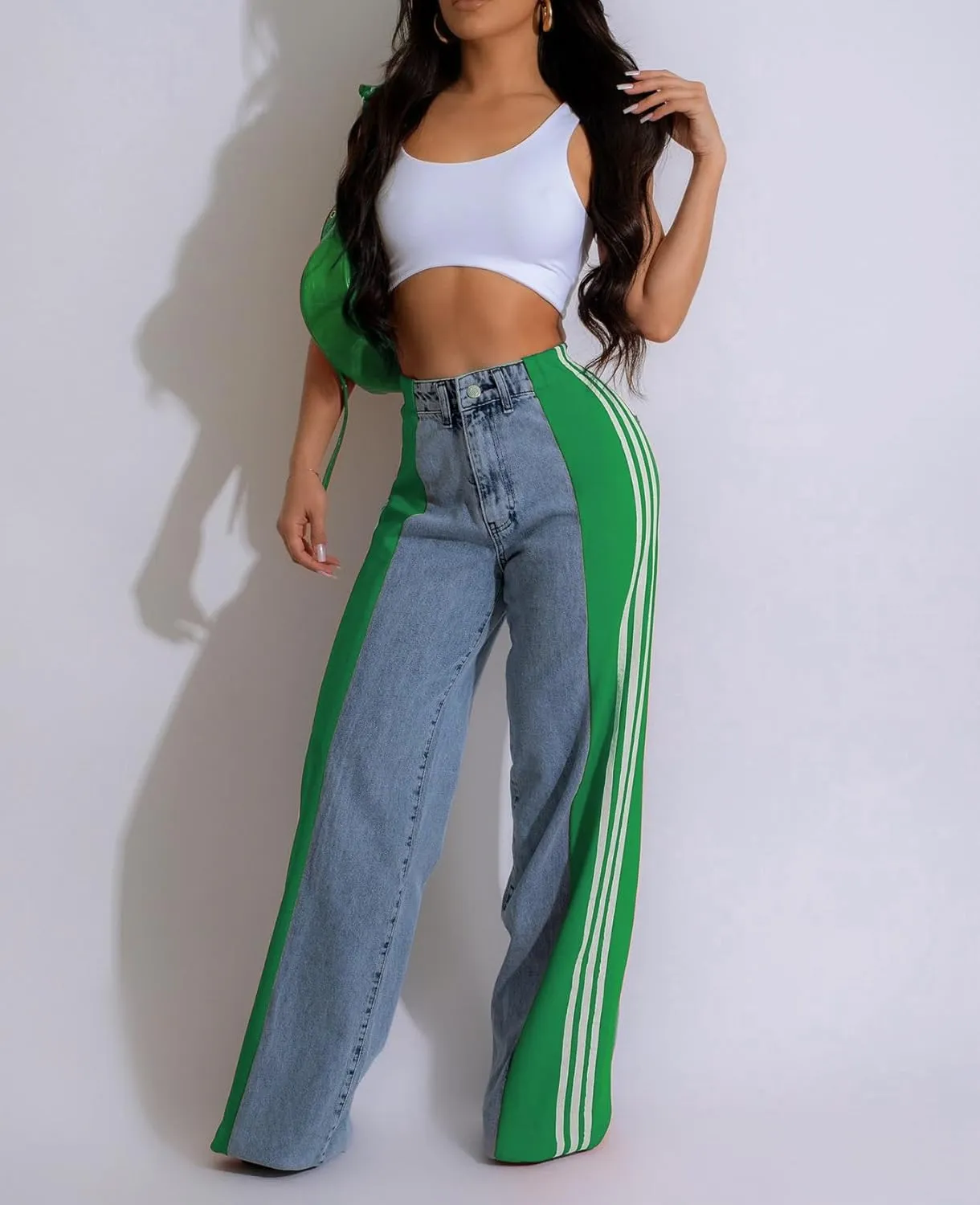 KELYWELL Women's High Waisted Two Tone Jeans Color Block Floor Length Wide Leg Denim Pants Stretch Baggy Jeans Trousers