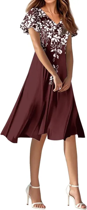 Knee Length Dress for Women Bohemian Summer Short Sleeve Summer 2025 V Neck Modest Sundress Floral Dress