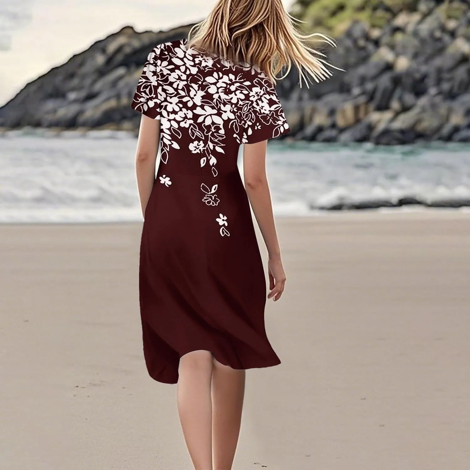 Knee Length Dress for Women Bohemian Summer Short Sleeve Summer 2025 V Neck Modest Sundress Floral Dress