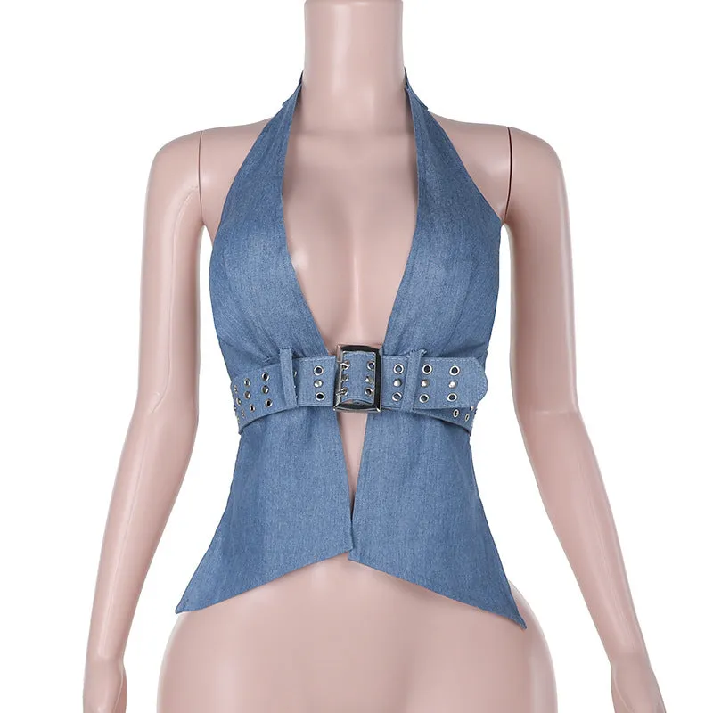 Lunivop barn jacket outfits Summer 2024 New Hot Girl Vest Ins Style Sexy Halter Belt Imitation Denim Top