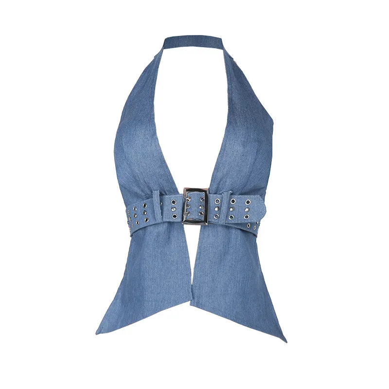 Lunivop barn jacket outfits Summer 2024 New Hot Girl Vest Ins Style Sexy Halter Belt Imitation Denim Top