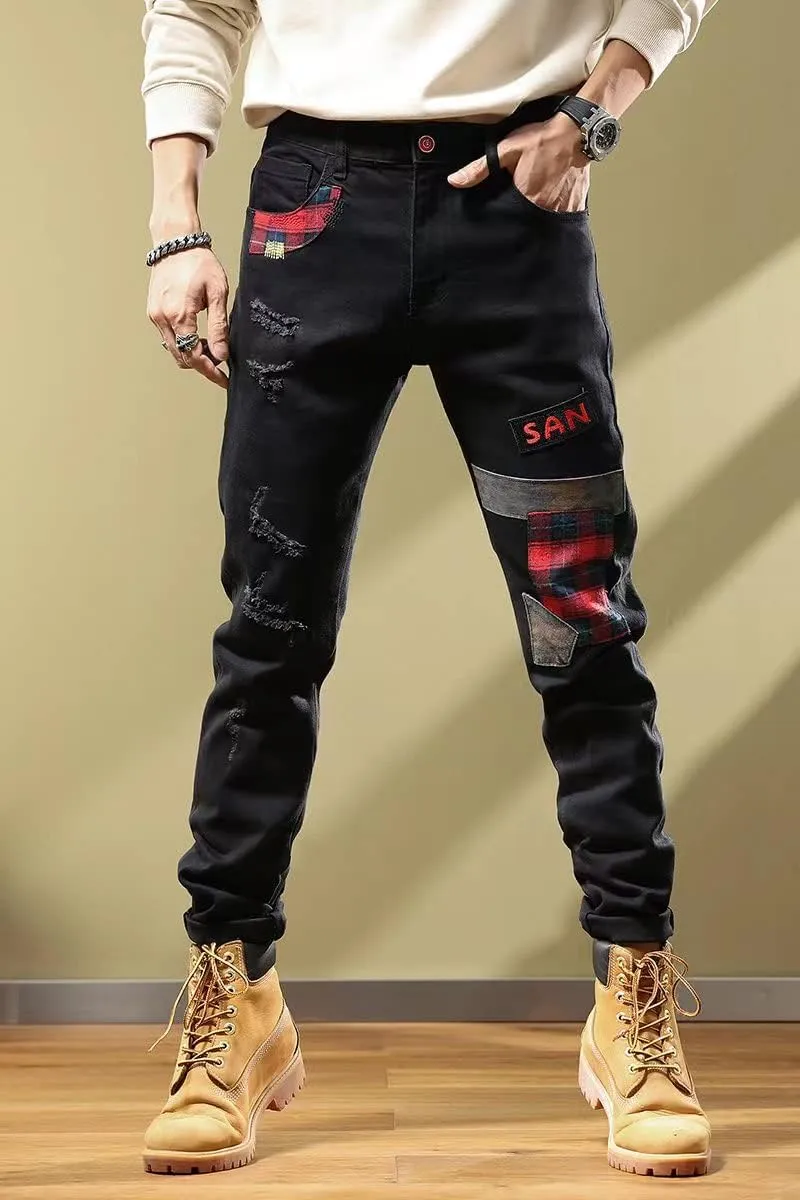 Mens Jeans Vintage Wash Grey Contrast Patch Fashion Casual Slim Fit Stretch Jeans.
