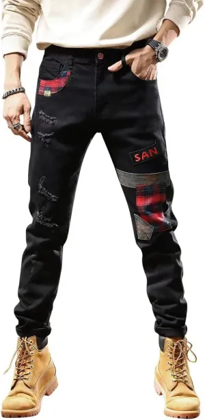 Mens Jeans Vintage Wash Grey Contrast Patch Fashion Casual Slim Fit Stretch Jeans.