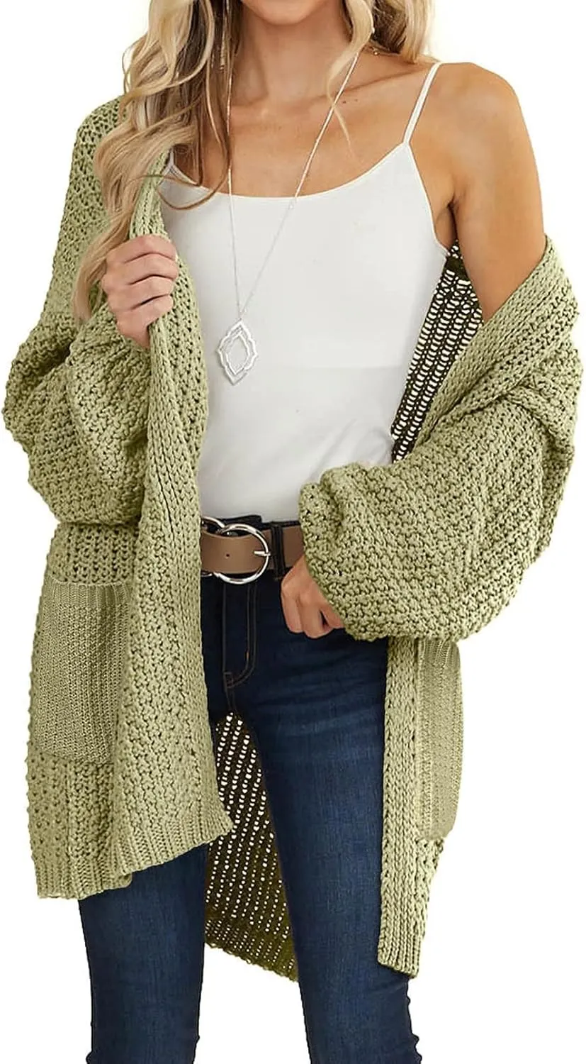 MEROKEETY Women's 2024 Fall Open Front Chunky Knit Sweater Oversized Lantern Sleeve Cardigan Outwear
