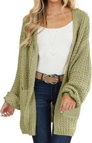 MEROKEETY Women's 2024 Fall Open Front Chunky Knit Sweater Oversized Lantern Sleeve Cardigan Outwear