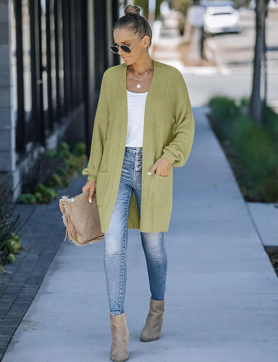 MEROKEETY Women's 2024 Fall Open Front Chunky Knit Sweater Oversized Lantern Sleeve Cardigan Outwear