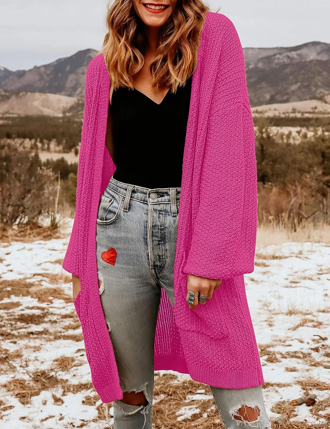 MEROKEETY Women's 2024 Fall Open Front Chunky Knit Sweater Oversized Lantern Sleeve Cardigan Outwear