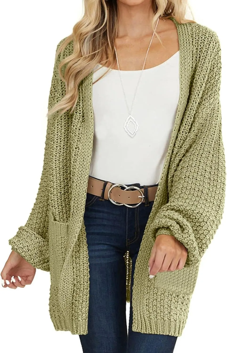 MEROKEETY Women's 2024 Fall Open Front Chunky Knit Sweater Oversized Lantern Sleeve Cardigan Outwear