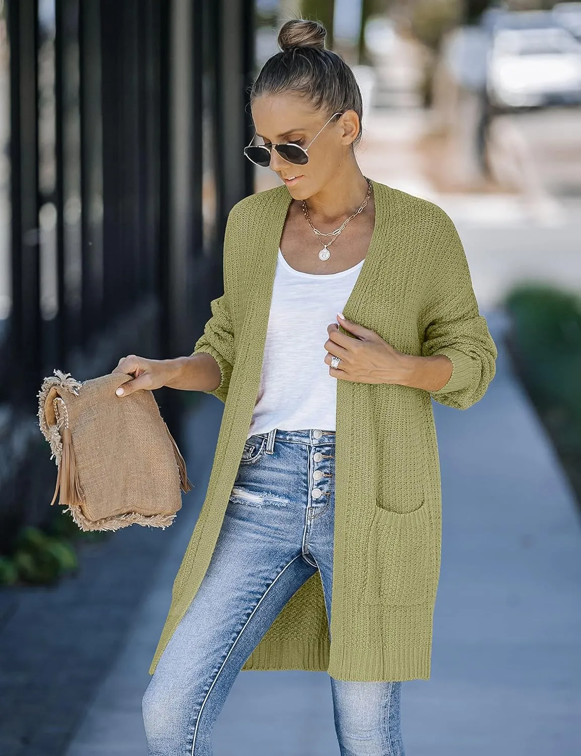 MEROKEETY Women's 2024 Fall Open Front Chunky Knit Sweater Oversized Lantern Sleeve Cardigan Outwear