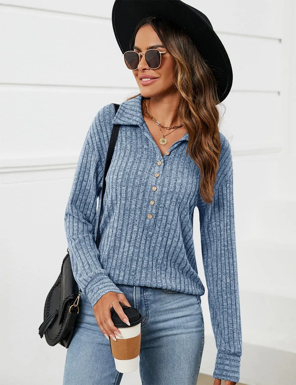 Micoson Women's Fall Casual Long Sleeve Button Blouses Ribbed Knit Fashion Collared Oversized Loose Fit Tunic Tops