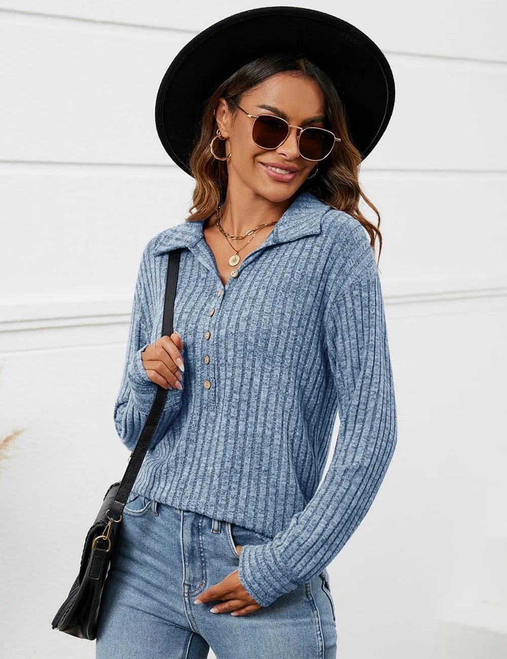 Micoson Women's Fall Casual Long Sleeve Button Blouses Ribbed Knit Fashion Collared Oversized Loose Fit Tunic Tops