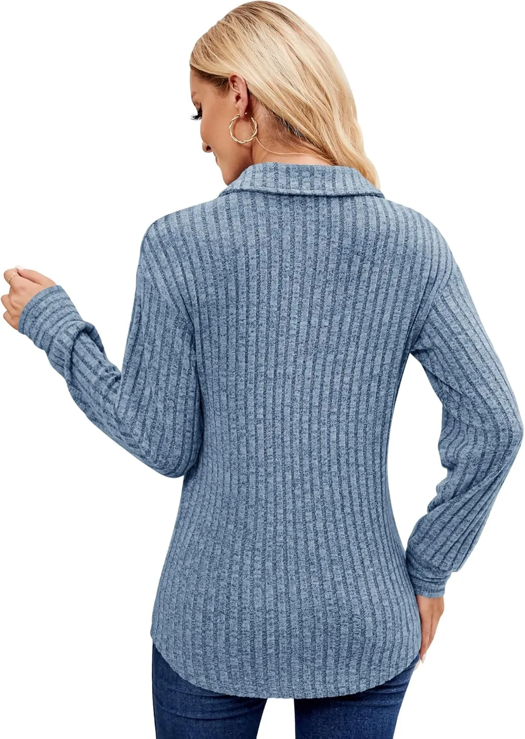 Micoson Women's Fall Casual Long Sleeve Button Blouses Ribbed Knit Fashion Collared Oversized Loose Fit Tunic Tops
