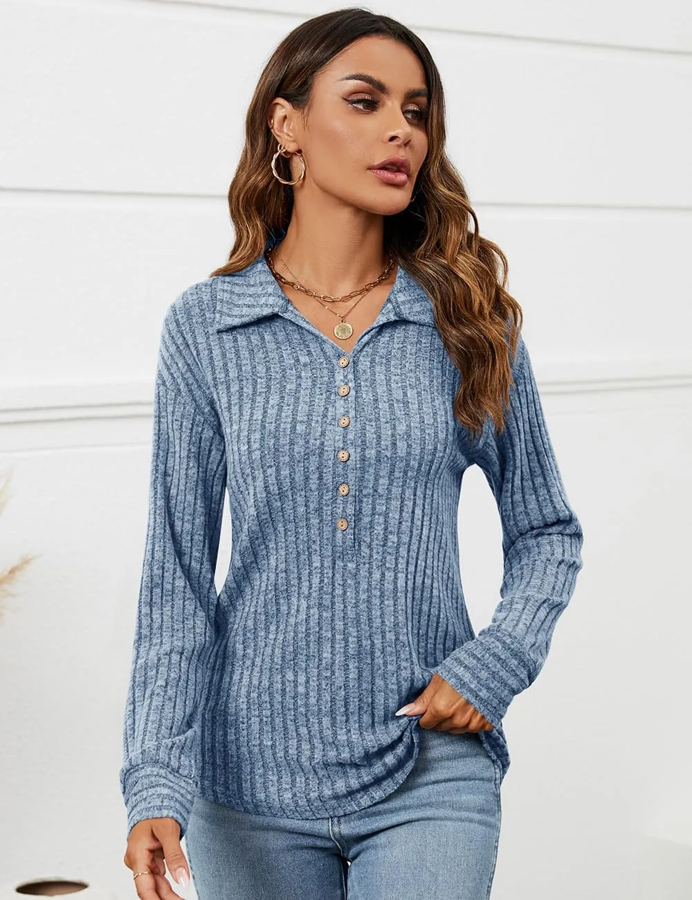 Micoson Women's Fall Casual Long Sleeve Button Blouses Ribbed Knit Fashion Collared Oversized Loose Fit Tunic Tops