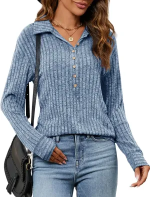 Micoson Women's Fall Casual Long Sleeve Button Blouses Ribbed Knit Fashion Collared Oversized Loose Fit Tunic Tops