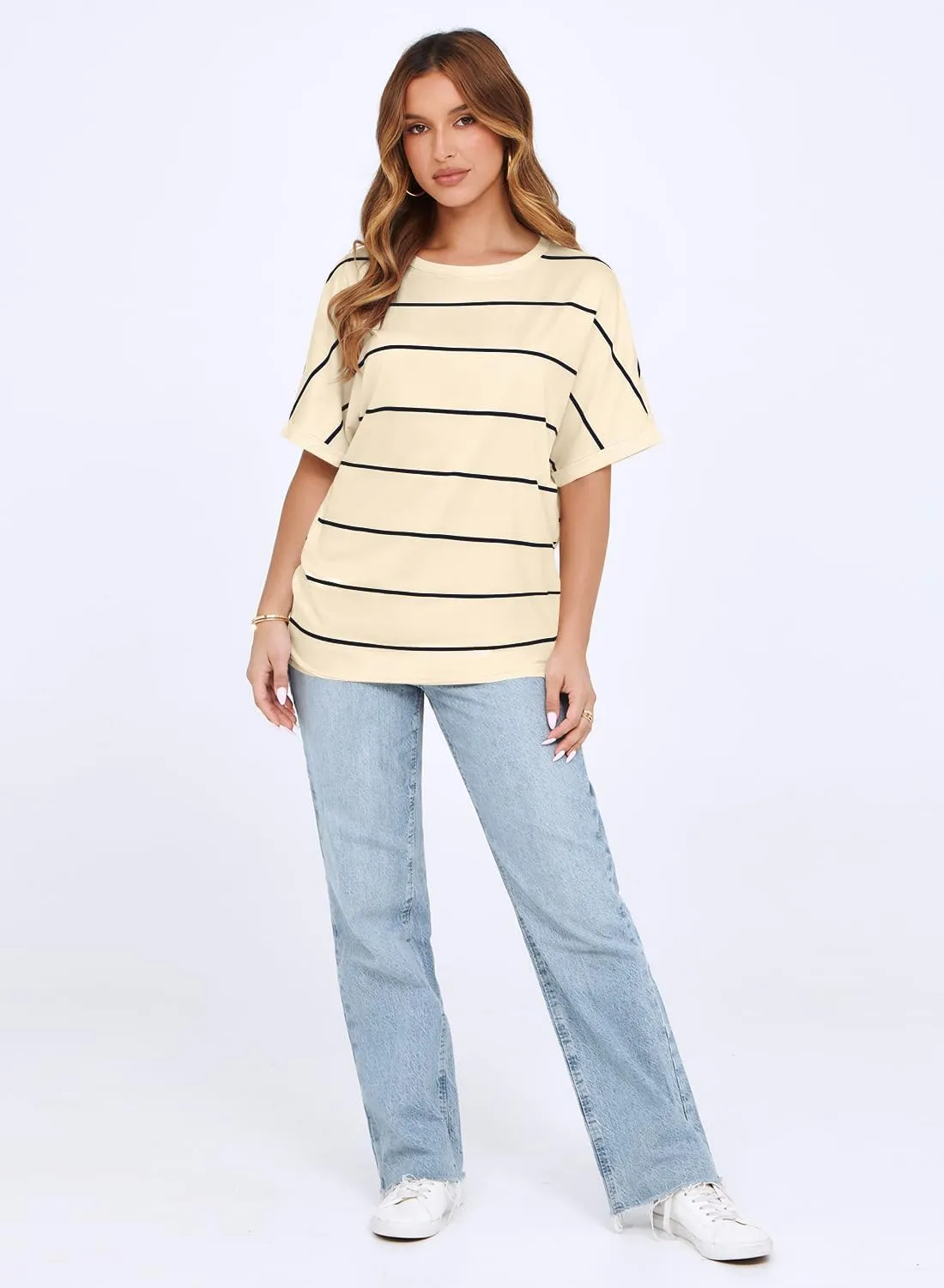 MIHOLL Womens Summer 2025 Striped Tops Batwing Short Sleeve Shirts Crewneck Casual Loose Blouses