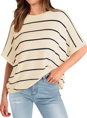 MIHOLL Womens Summer 2025 Striped Tops Batwing Short Sleeve Shirts Crewneck Casual Loose Blouses