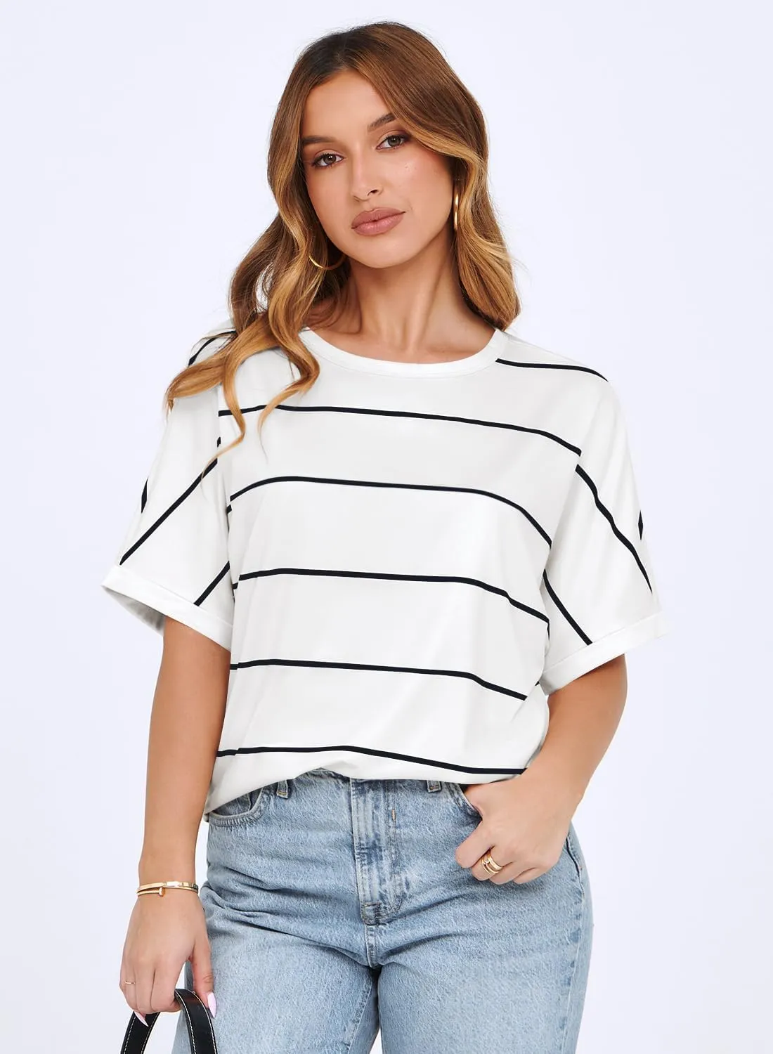 MIHOLL Womens Summer 2025 Striped Tops Batwing Short Sleeve Shirts Crewneck Casual Loose Blouses