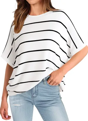 MIHOLL Womens Summer 2025 Striped Tops Batwing Short Sleeve Shirts Crewneck Casual Loose Blouses