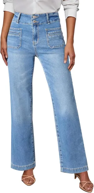 Sidefeel Women's Wide Leg Jeans High Waisted Tummy Control Stretchy Pockets Front Straight Leg Jeans