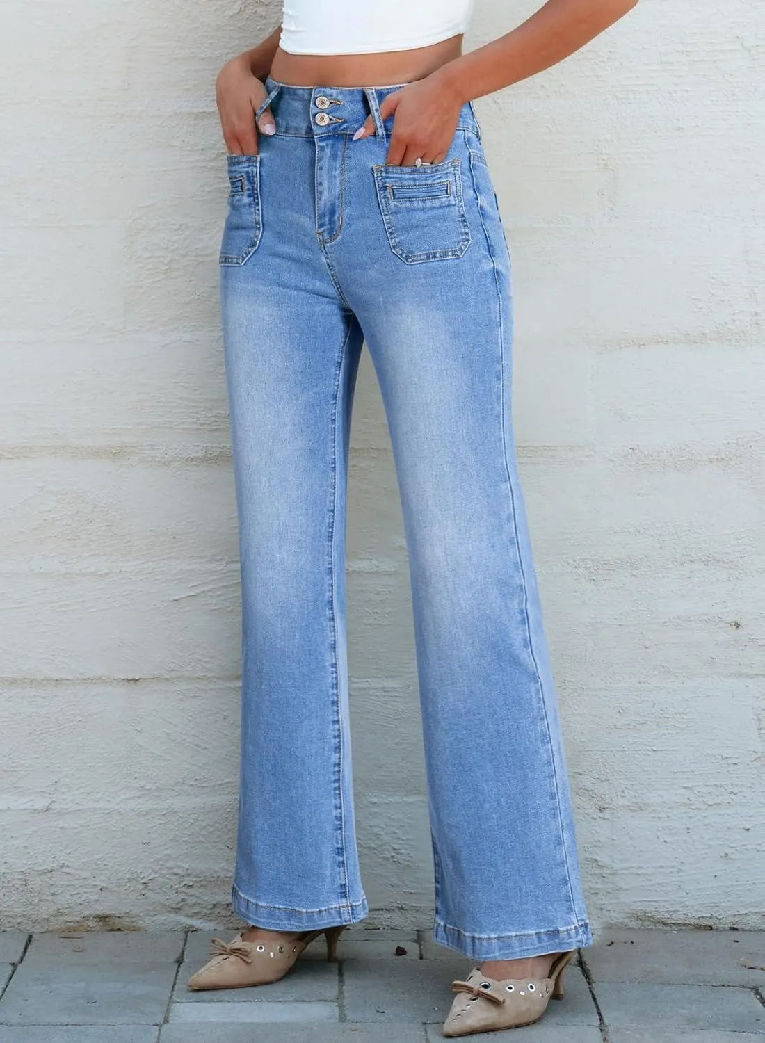 Sidefeel Women's Wide Leg Jeans High Waisted Tummy Control Stretchy Pockets Front Straight Leg Jeans
