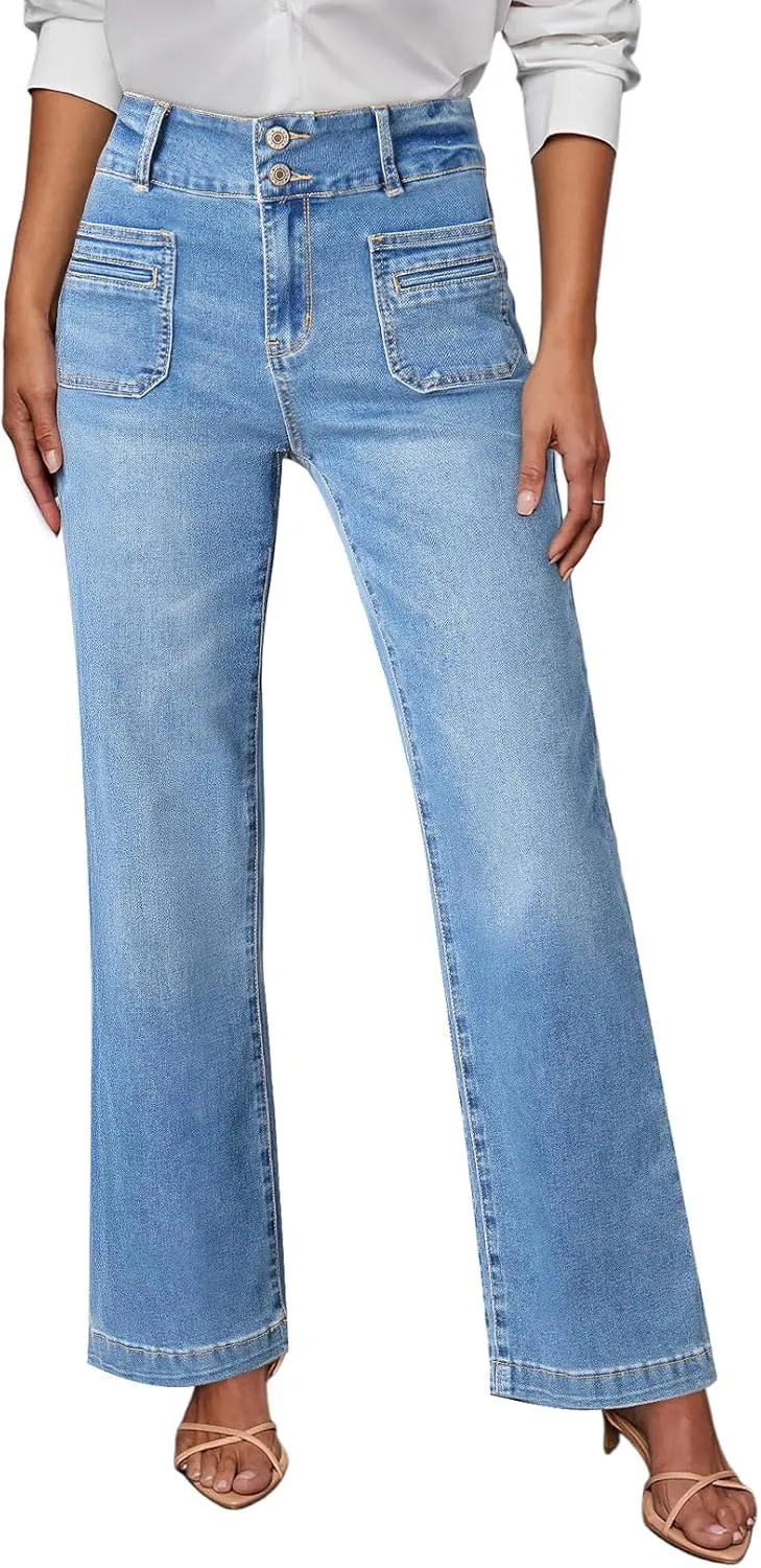 Sidefeel Women's Wide Leg Jeans High Waisted Tummy Control Stretchy Pockets Front Straight Leg Jeans